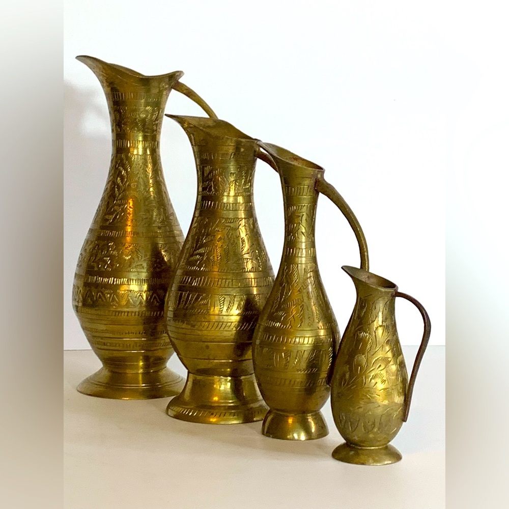 Vintage Etched Brass Pitcher Set of 4